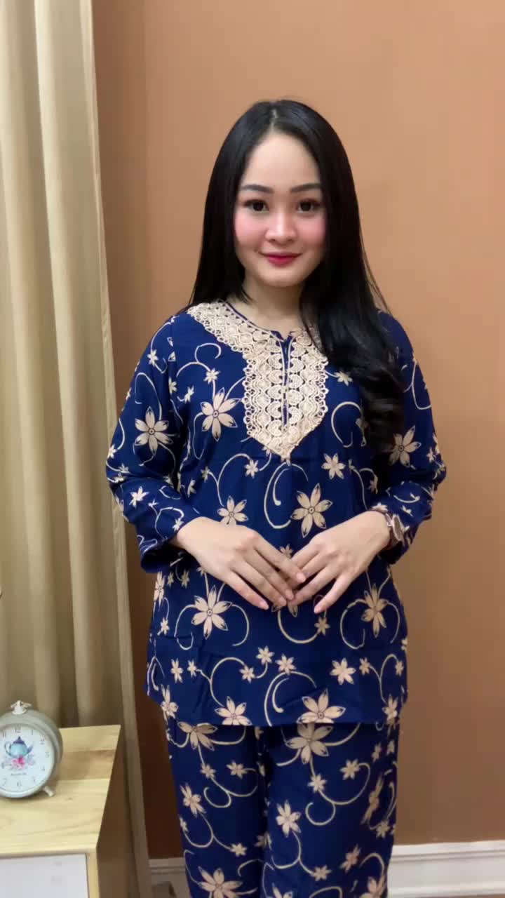 Setelan Piyama Wanita Dewasa Bahan Katun Rayon Lengan Panjang Terbaru Kombinasi Renda Busui Resetling depan Motif Bunga baju celana Baju Tidur