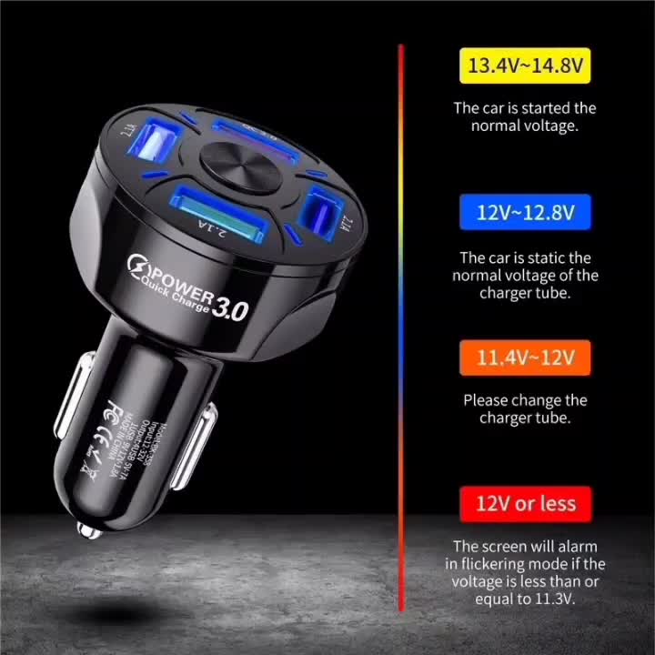 Kepala Colokan Charger HP di Mobil Cas Handphone Quick Charging 3.0A 4 Port USB Gadget Hitam