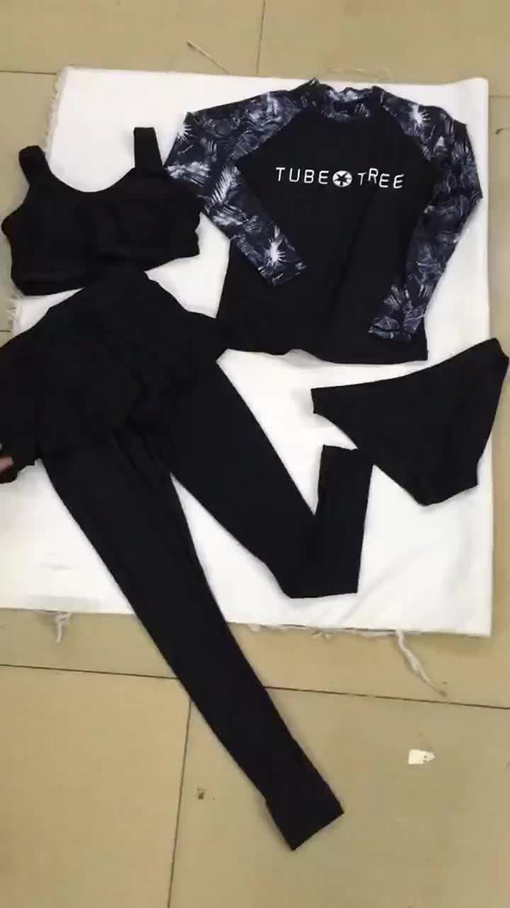 【Ready】4pcs / Set Baju Renang Rashguard Wanita Lengan Panjang + Rok Untuk Surfing Pantai Berpasir