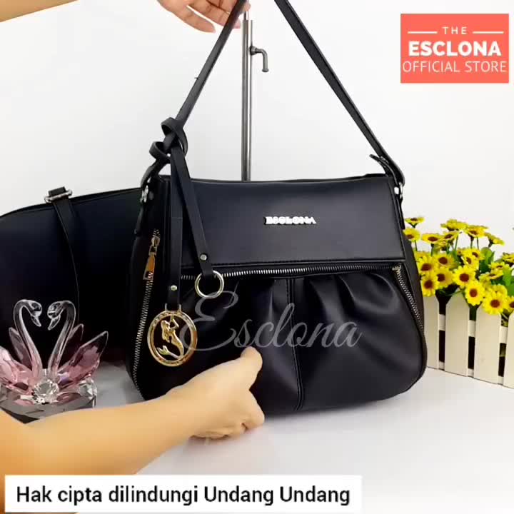 Esclona Tas Wanita Premium E037 Selempang Bahu Batam Fashion Original Kulit PU Sintetis Polos 2 in 1