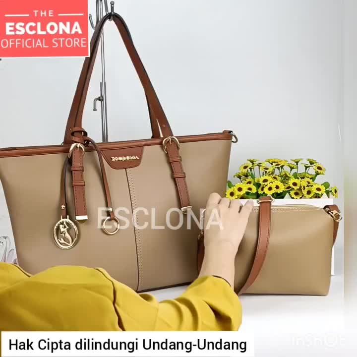 Esclona Tas Wanita Totebag Original E038 Selempang Bahu Batam Kantor Kuliah Kulit PU Sintetis Polos Cewek