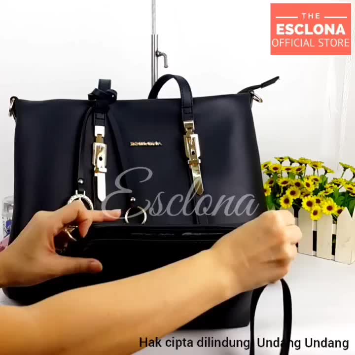 Esclona Tas Wanita Totebag Original E034 Selempang Bahu Batam Kantor Kuliah Kulit PU Sintetis Polos