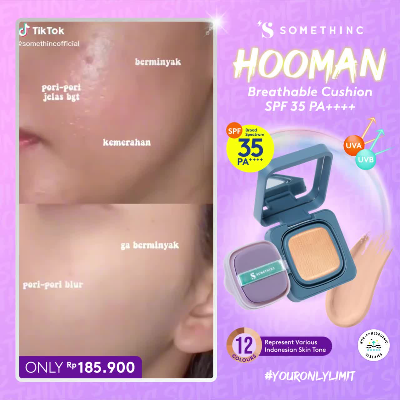 SOMETHINC  HOOMAN Breathable Cushion Cover SPF 35 PA++++ - Cushion Dengan Skin Matte Finish Anti Greasy, Anti Cakey, Anti Cracking | Menyamarkan Pori, Meratakan Warna Kulit, Ringan Di Wajah, Memproteksi Kulit Dari Sinar Matahari Mengandung skincare