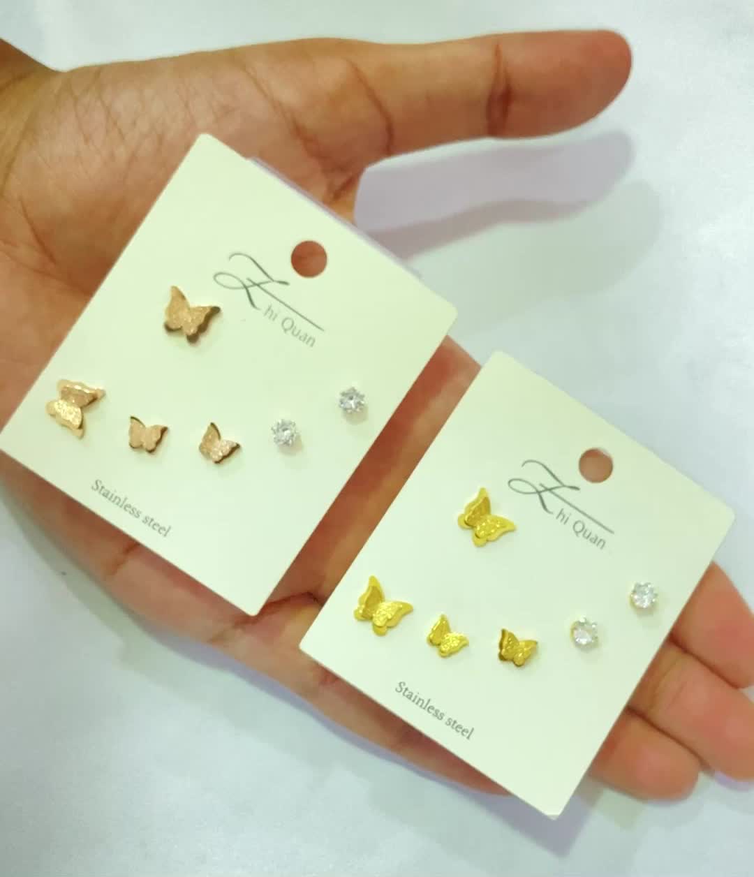 Anting Tusuk Stud Butterfly Set 3 Pasang 3 in 1 Aksesoris Wanita Korea Bahan Titanium AT54