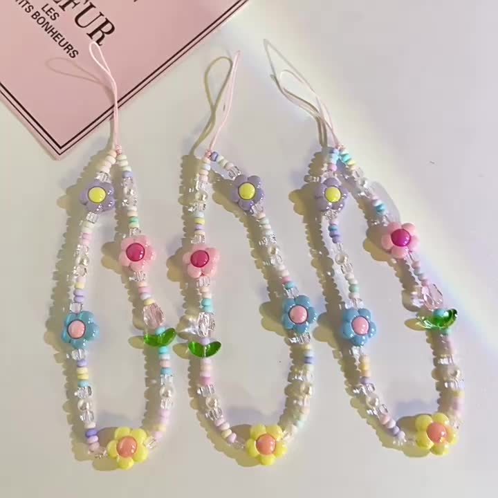 Kapal 12 jam lokal+Tali Ponsel dengan Manik-manik Macaron Rantai Telepon untuk Anak Perempuan Liontin Tali Lanyard Gantung Aksesori Ponsel Pintar Warna-warni strap phone manik