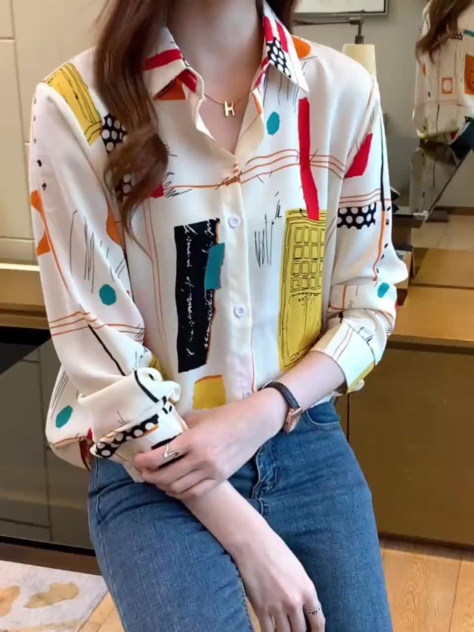 New Fashion Korean Graffiti Print High Quality Fabric Chiffon Women Beige Long Sleeve Shirt Summer Autumn Spring Casual Vacation Work Tops Top Wanita Atasan Polyester