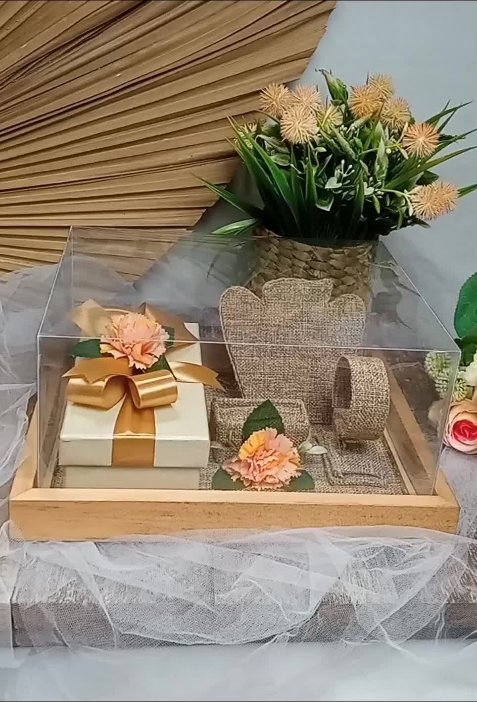 Kotak Kayu Tempat Uang dan Perhiasan Cincin, Gelang, Kalung Dengan Aksesoris Bunga dan Tutup MIka  untuk Mahar Pernikahan dan Seserahan Lamaran - KUP