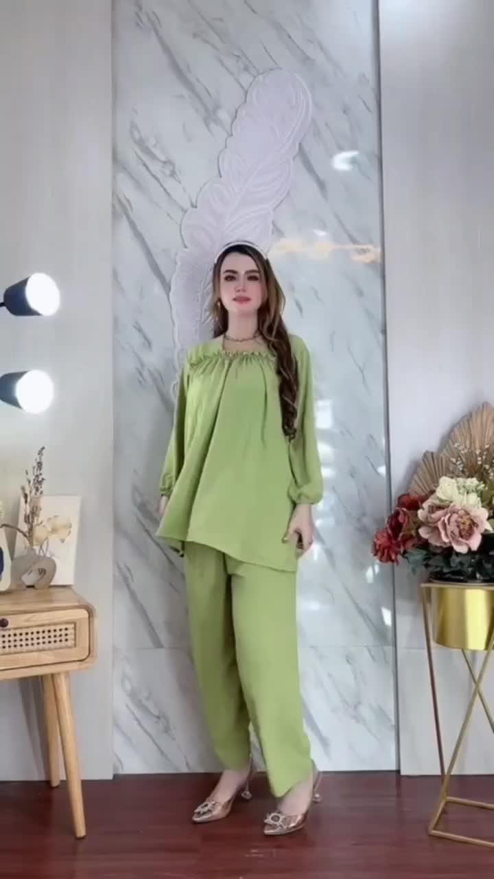 Setelan One Set  Fuji Crincle Kekinian Karet Dada Terlaris Lengan panjang Polos baju atasan  bawahan  celana  variasi  wanita  crinkle  airflow  kulot oversize kancing Dewasa