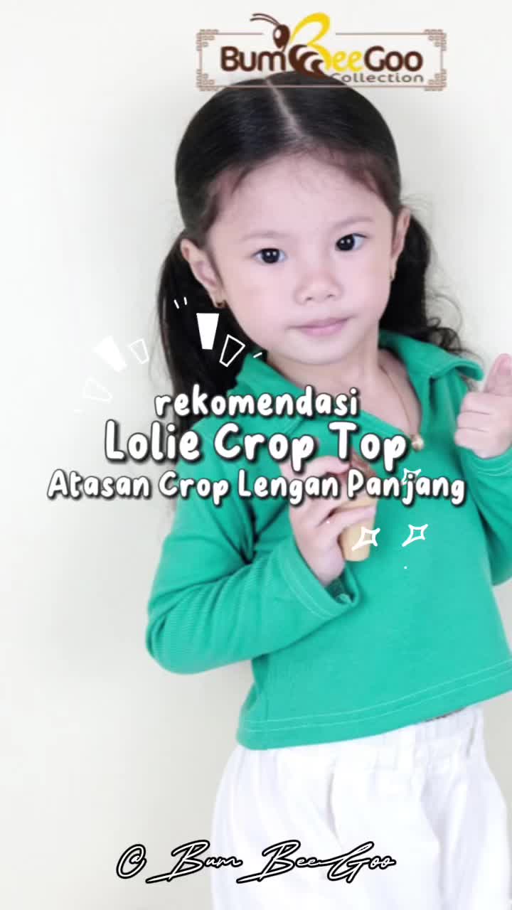 BumBeeGoo - Atasan Lolie Crop Top Anak Perempuan Lengan Panjang Korean Style Kerah Polo V-Neck Baju Motif Fashion