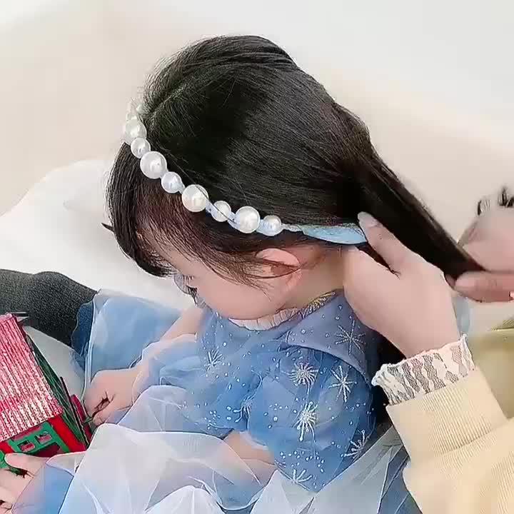 (Hello Girl) B11 Bandana Mutiara Pita Tulle Panjang Bisa diikat Gaya Korea Bando Anak Import