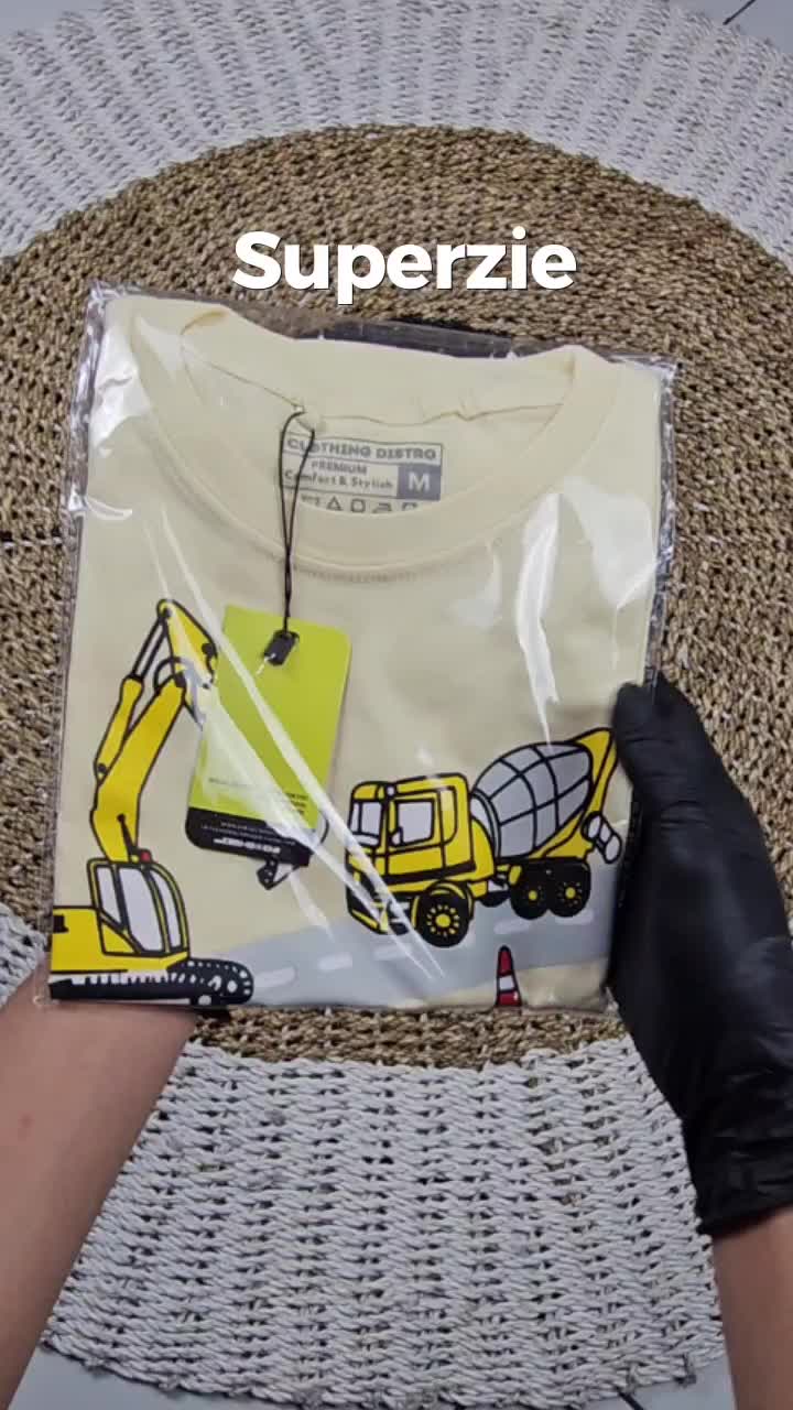 Baju Anak Laki Beko Excavator Dump Truck Cream Kaos Anak umur 1-8 tahun terbaru langsung dari konveksi motif Beko Merah bandung grosiran Perempuan Katun