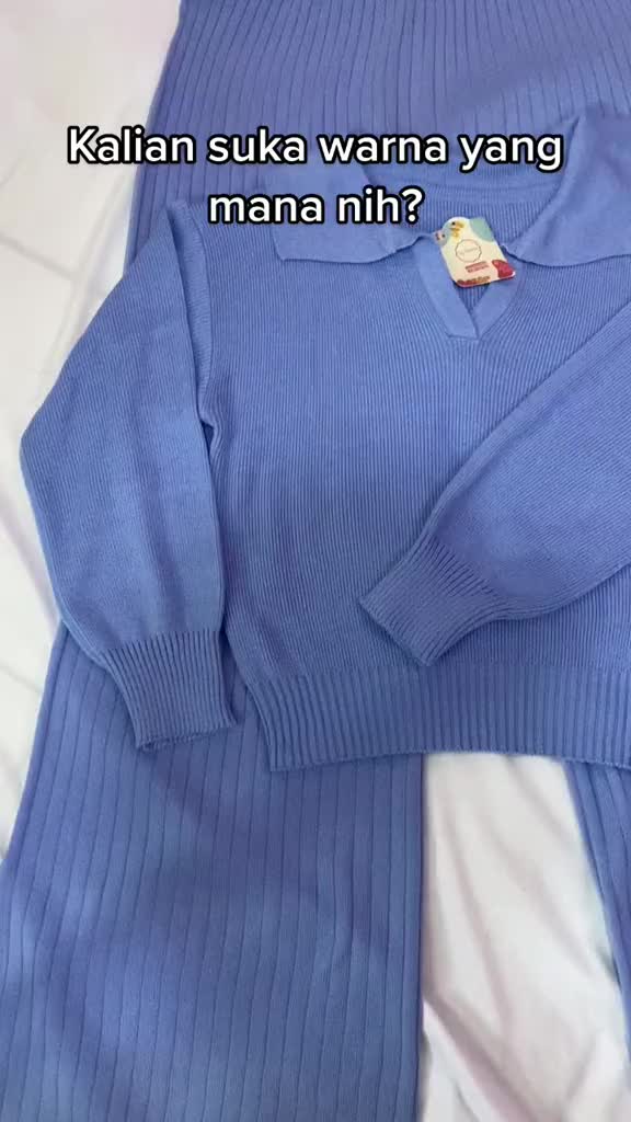 Molly One Set Rajut Polos Lengan Panjang Wanita / setelan rajut kerah polo / one set knit lengan panjang Baju Celana Fit Karet Atasan Kulot Rib Tebal Bawahan Dewasa Basic
