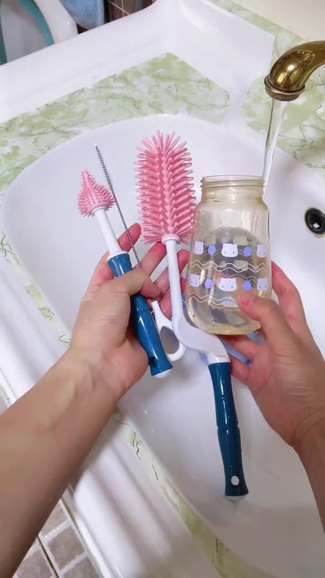 LAKOE Sikat Botol Bayi 5in1 Sikat Spon/Busa pembersih botol susu bayi/bottle brush Merah