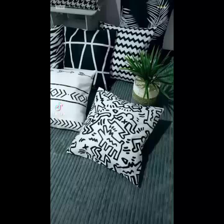 0IKU sarung bantal kursi sofa ruang tamu keluarga hitam putih 40x40 murah Katun Hiasan