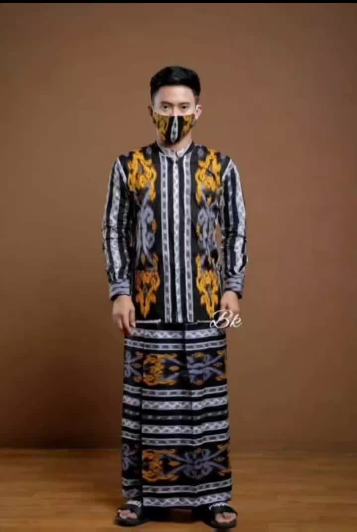 SET BATIK KEMEJA LENGAN PANJANG SARUNG CELANA FREE MASKER TERBARU BISA COD MOTIF BATIK TENUN Katun Pendek Pria