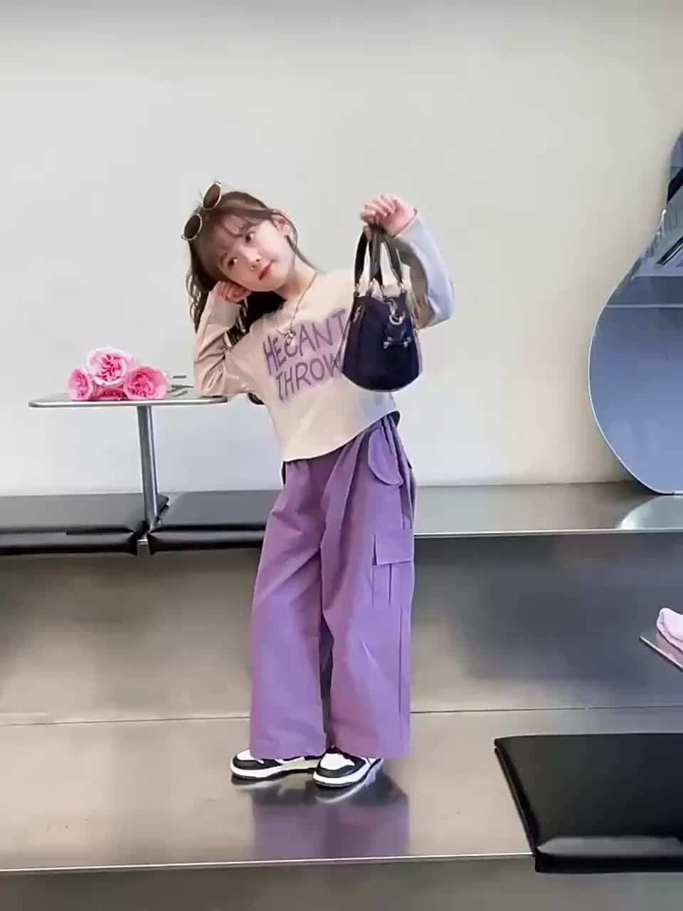 Terbaru Setelan Anak Perempuan Set Cargo Atasan Lengan Panjang+Celana Panjang Warna Ungu Baju Bagus Setelan Cargo Fashion
