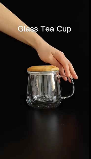 Gelas Cangkir Teh Tea Cup Aesthetic Mug with Infuser Filter Saringan Kaca Tutup Kayu 420ml