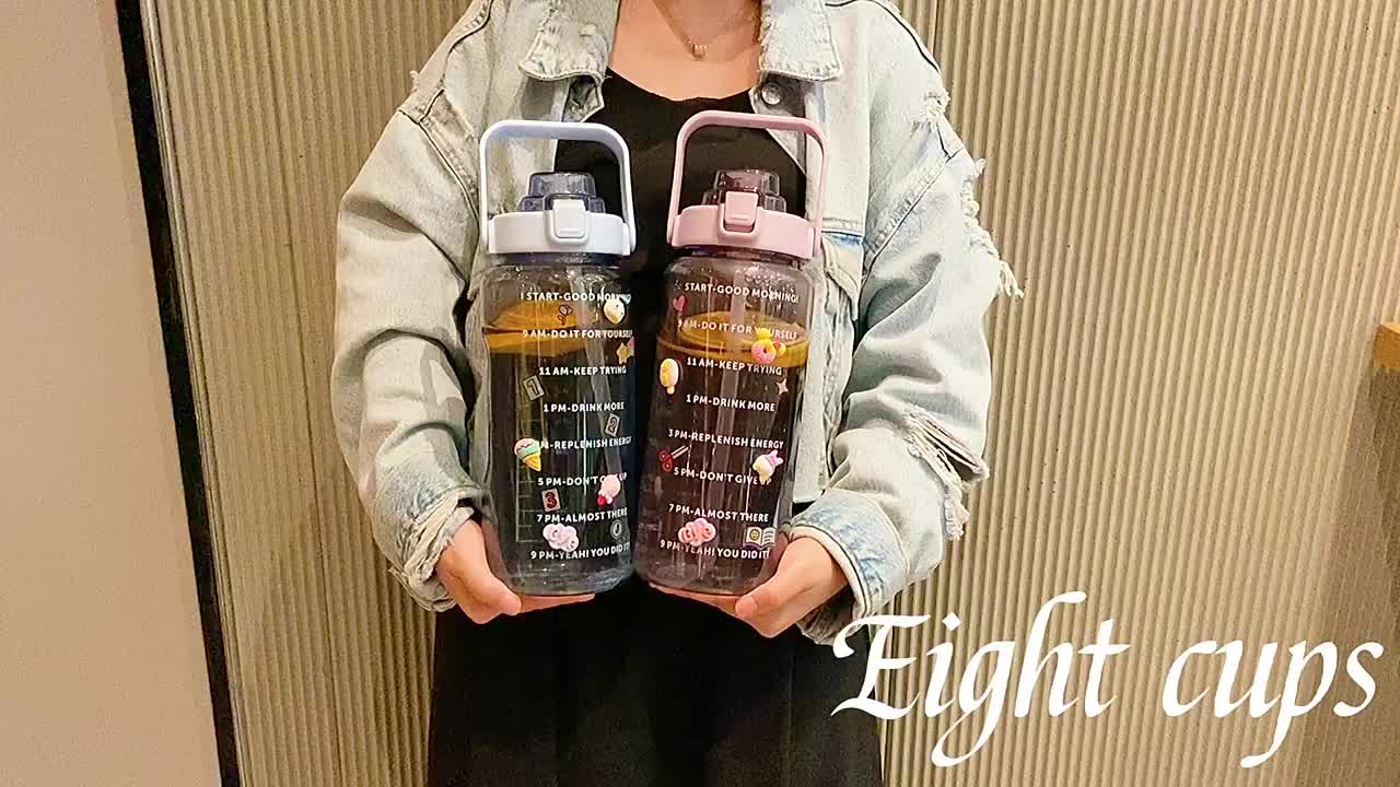 Botol minum Jumbo Bening 2 LITER Motivasi Penanda waktu Tritan Quifit Handle cute 1008 Putih Sedotan
