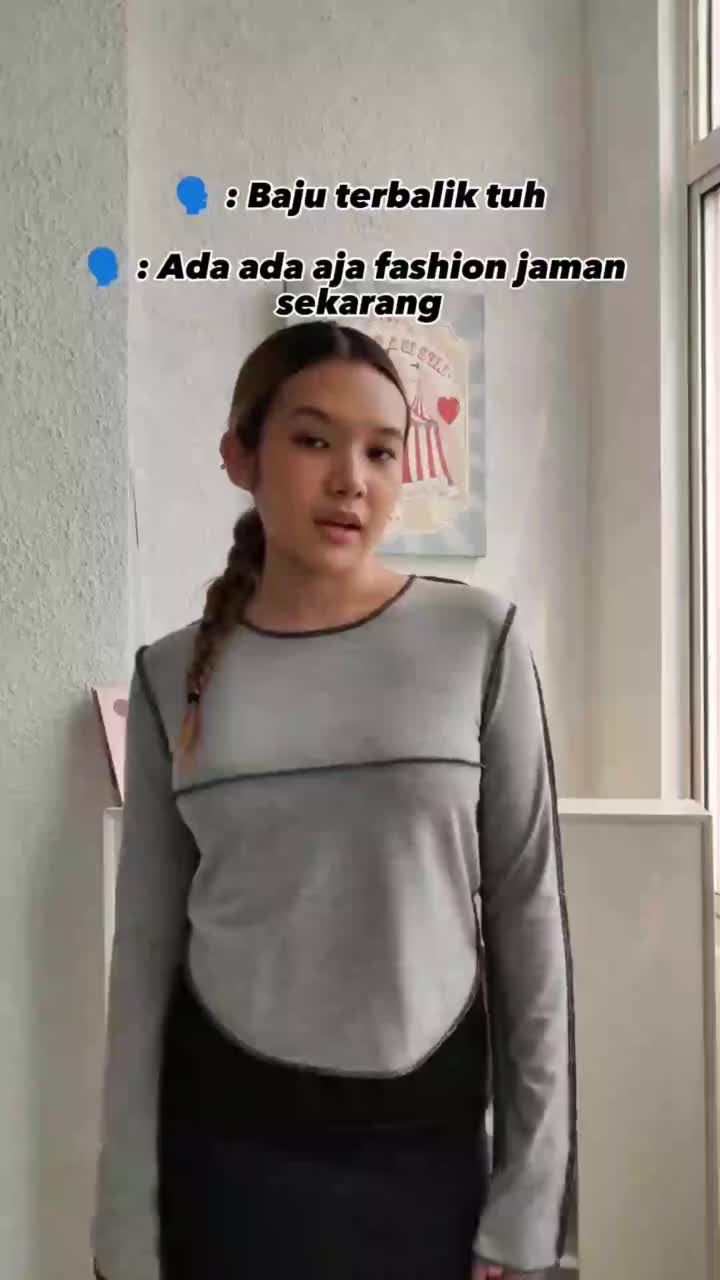 Crew Neck Long Sleeve Seam Detail Crop Tee Top  1640 (S/M/L/XL) Baju Grey
