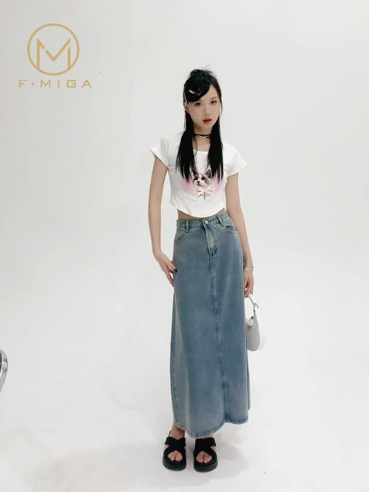 F·MIGA C46 Rok Denim Midi Pinggang Tinggi Wanita Model Baru
