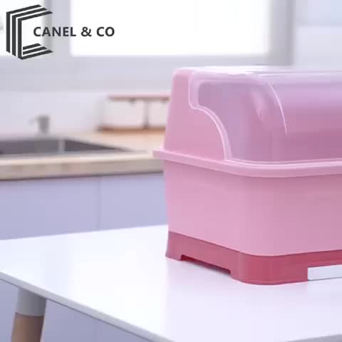 CANEL & CO Rak Piring Plastik / Rak Pengering Air Mangkok rak piring Dengan Tutup Rak / Mangkok/Sendok/ Garpu Rak Dapur Biru Hijau Pink