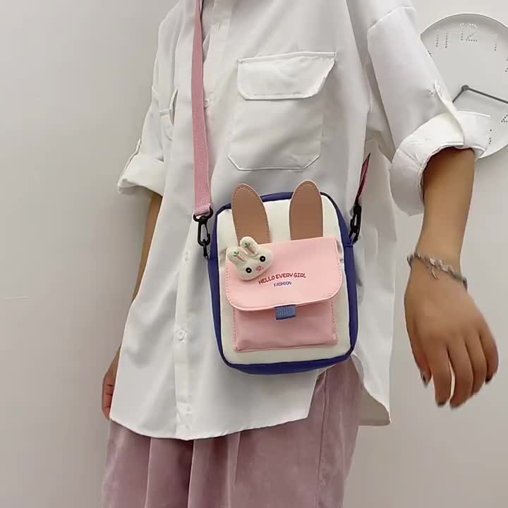 Tas Selempang Anak Remaja Perempuan Wanita Nilon IMPOR Lucu Unik Telinga Kelinci Bahan Nilon Lembut Tas HP Ponsel FREE Pin