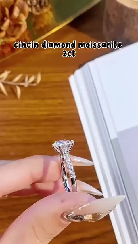 Cincin Moissanite 2 Karat Wanita Cincin Berlian Bulat Mewah Aksesoris Jari Wanita GEME STORE K1292