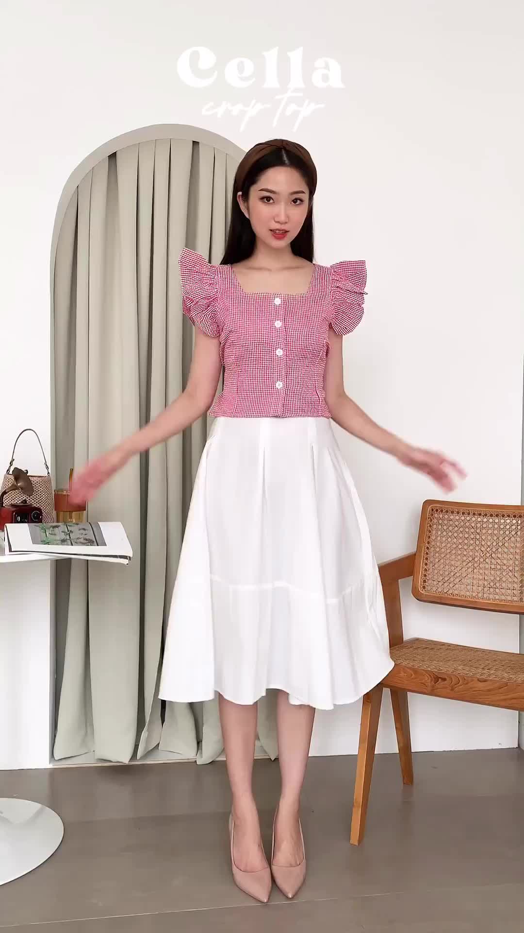 NAMARI - Cella Top - Baju Blouse Blus Croptop Cantik Daily Korean Ruffle Kotak Fitted Press Body Plaid Wanita