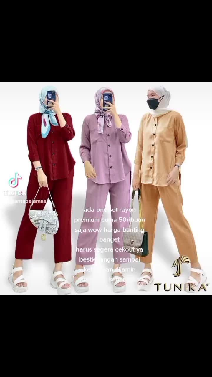One Set Rayon Polos Wanita Lengan panjang Lembut Muslim Baju Cantik Celana Kancing  Nyaman Setelan