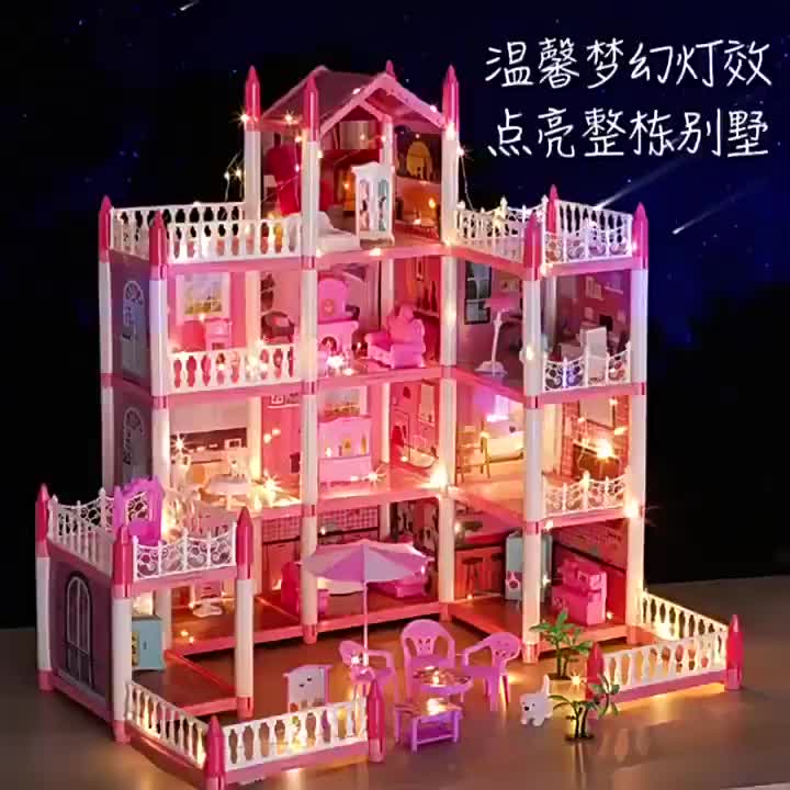 3D Princess Big Villa DIY Rumah Boneka Pink Castle Bermain Rumah Dengan Slide Yard Kit Dirakit Rumah Boneka Mainan Anak Hadiah
