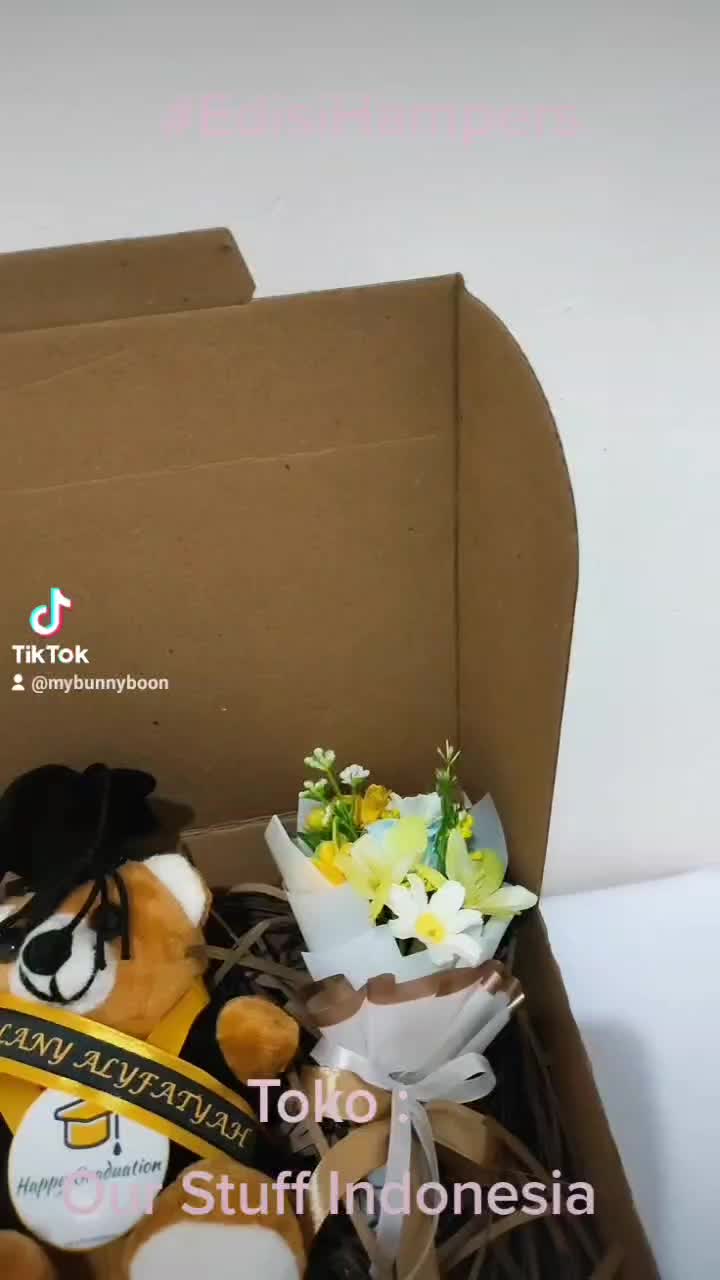 Hamper Boneka Wisuda | Box Mika Beruang Wisuda 16 cm dengan Bunga Our Stuff Indonesia Dolls Toys