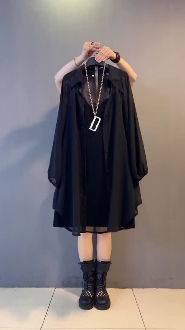 FANMU 5043 Pakaian wanita ukuran plus yang elegan dan modis Gaun kemeja longgar Ramping dan cantik Setelan dua potong gaya Korea dress korean style Satin Hitam Nyaman Linen Pendek Blazer Panjang Denim Casual Sifon