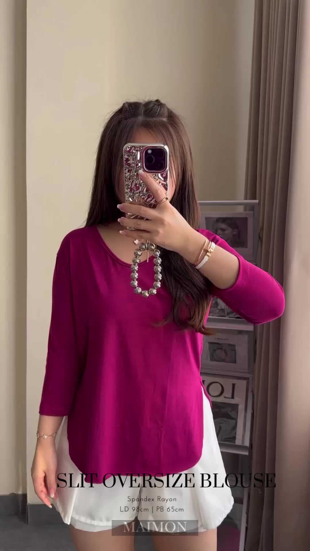 Maimon The Label Kaos Oversize 7/8 Wanita Spandex Rayon Lembut Nyaman Santai Casual Belah Samping Panjang Baju Polos Atasan