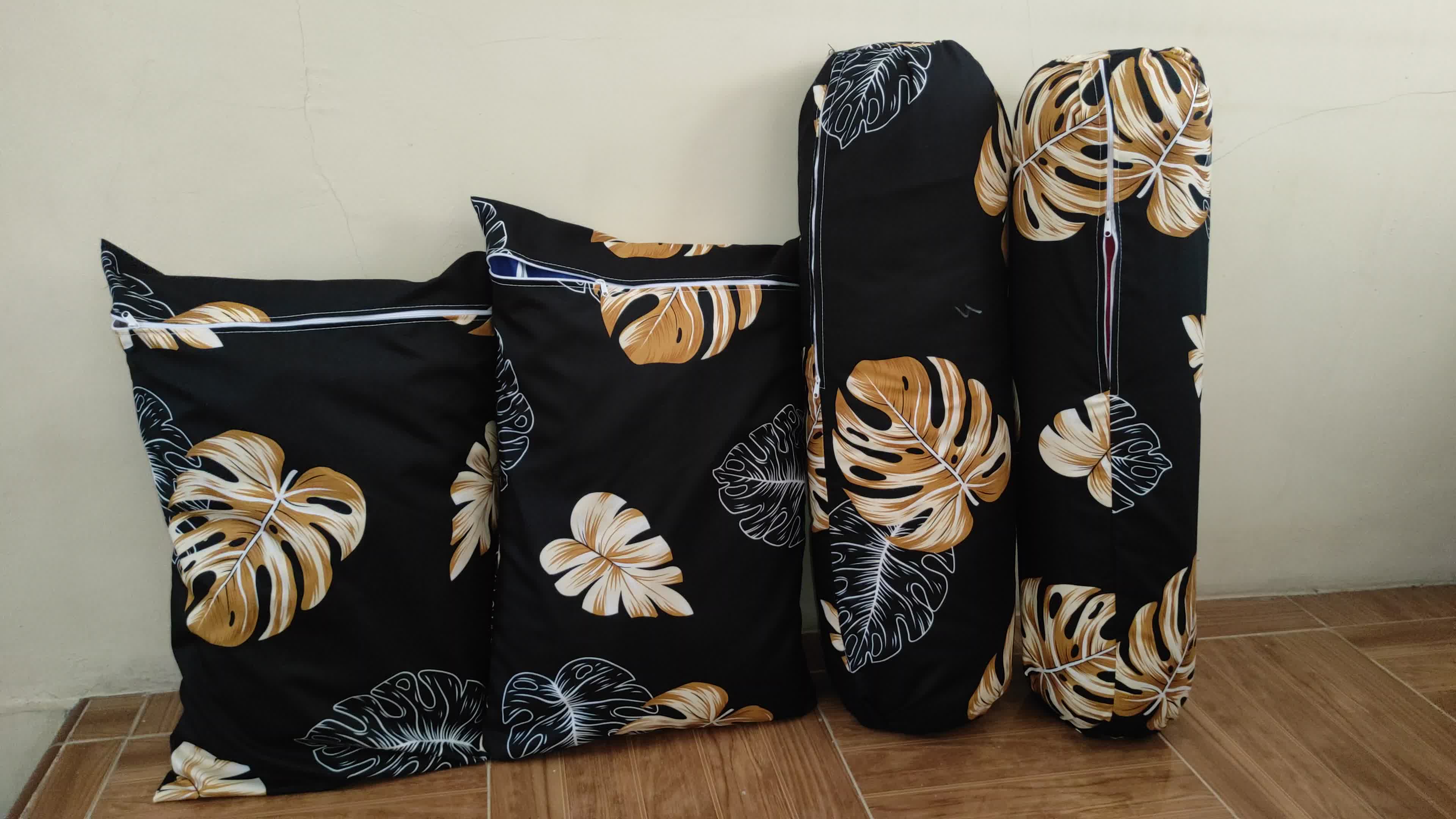Cover/Sarung bantal dan guling resleting size standard motip Bunga dan Hitam kain katun polymicro Sarung Bebas Dicuci Brown