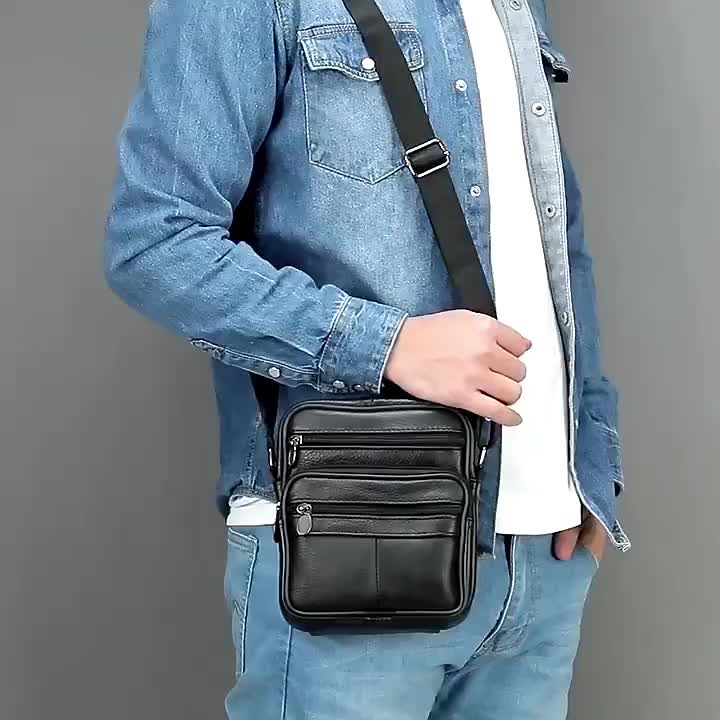 100%KULIT ASLI TAS Selempang pria wanita kulit asli tas mini multifungsi tas kulit import terbaru tas kulit sapi tas selempang tas pingggang kulit Elegan Hitam