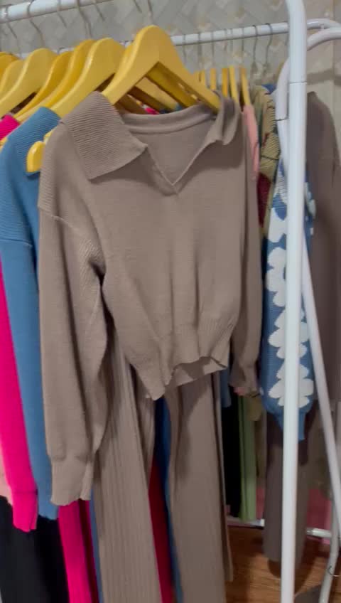 SETELAN RAJUT WOLLY WANITA ATASAN POLO KERAH PANJANG+KULOT HIGHWAIST TEBAL/oneset wanita/oneset knit Baju Celana Lengan panjang Lembut setelan crop Basic Fit Karet Tangan Rib Bawahan Topi Top Linen