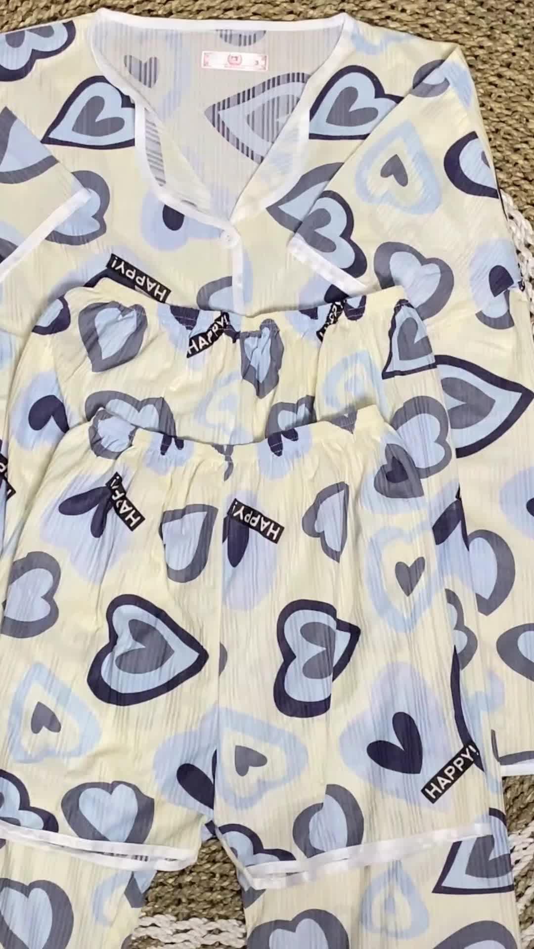 Youbi Baju Tidur Wanita - Dapat 3 (Kemeja Lengan Pendek + Celana Pendek + Panjang) Motif Cantik | Piyama 3 in 1 | Piyama Satu Set Lengkap | Baju Rumah | Baju Tidur Celana Pendek + Celana Panjang | Piyama Tidur Aesthetic | Piyama Seserahan Lembut Nyaman