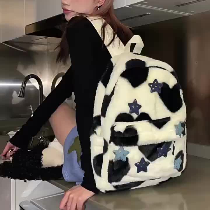 Tas ransel wanita import tas cewek sekolah kece Ransel Wanita Bintang Lima Milenial yang Menggemaskan dengan Desain Leopard Cocok untuk Mahasiswa Serba Guna Terbuat dari Bulu-Bulu Halus Gaya Niche dan Fleksibel Backpack tas ransel sekolah cewek QX152