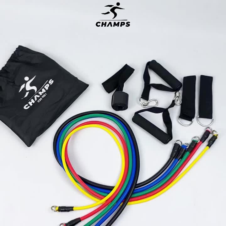 CHAMPS Resistance Bands 11 in 1 Set + Handgrip  Tangan Hand Grip Counter Outdoor 10-60 kg Alat Olahraga Otot Portable
