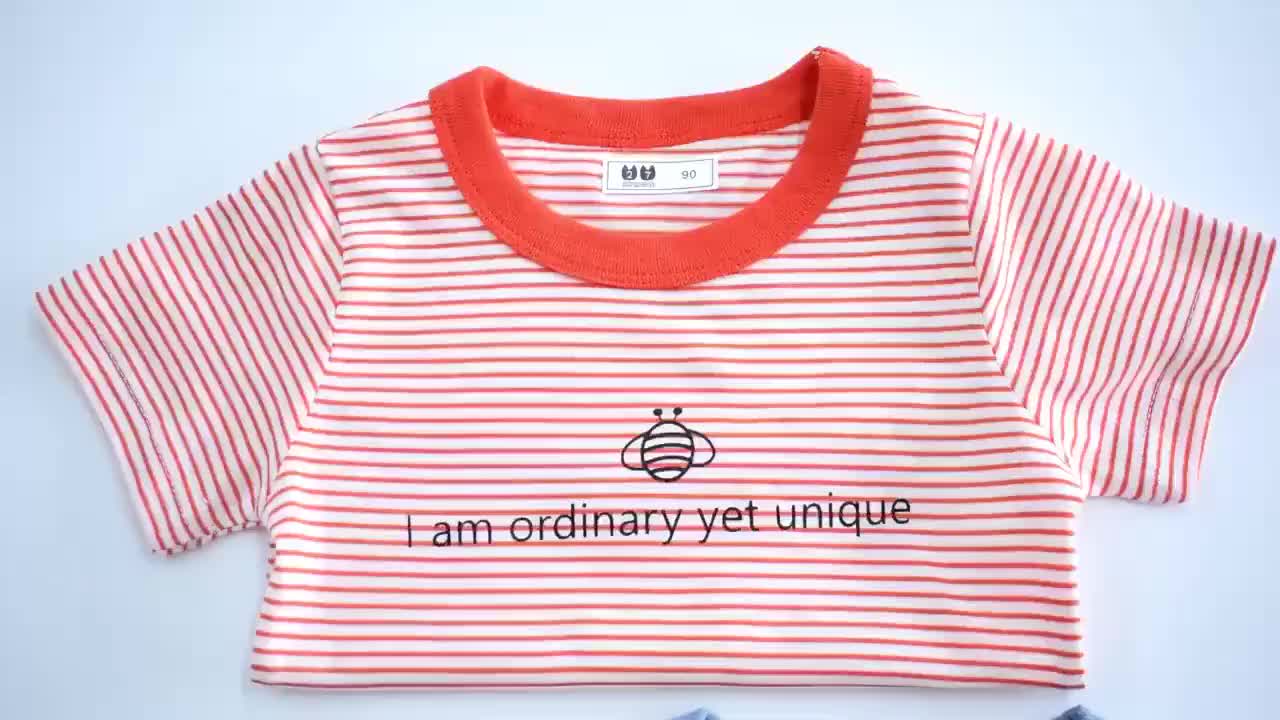 Baju Kaos T-Shirt Fashion Anak Laki-Laki Dan Perempuan Lengan Pendek Motif Garis Warna Merah Dan Biru