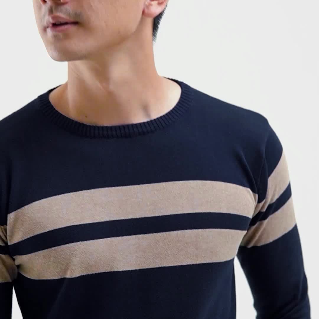 Gomuda Sweater Rajut Pria Crewneck Stripe Horizon  Knitwear Panjang Khaki Navy