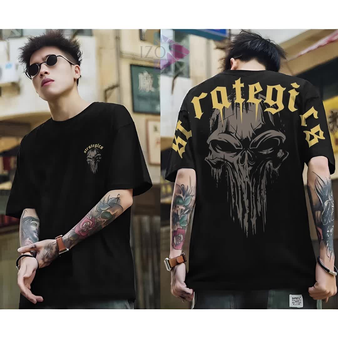 Kaos Distro Tshirt Pria Terbaru Tengkorak Api Strategis Warna Hitam Putih Lengan Pendek Motif Sablon Bergambar Keren