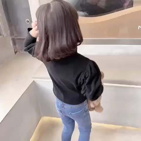 Atasan anak perempuan lengan panjang kerut/Pakaian anak perempuan lengan balon model korea style Santai polos fashion