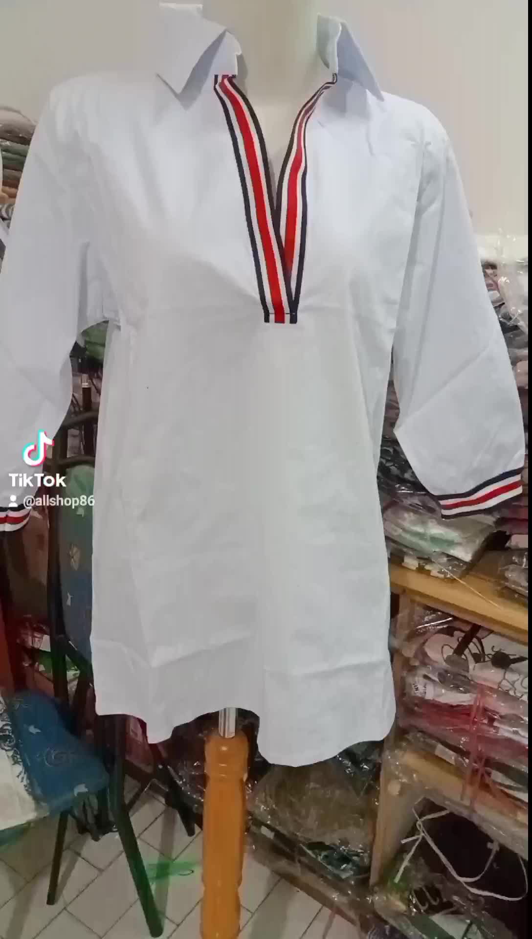 Blouse wanita blouse Krah putih list merah katun Stretch impor
