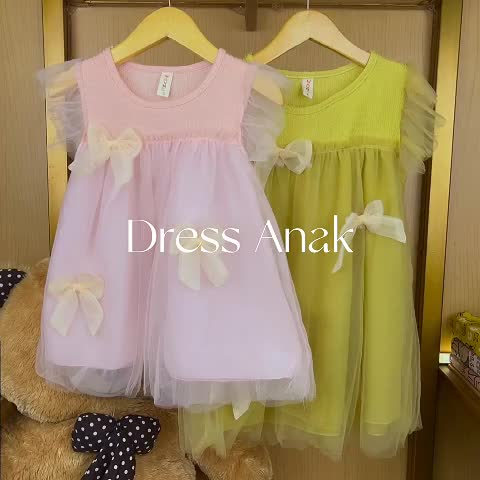 Angenius Dress Gaun Lengan Pendek Anak Perempuan Crinckle Tile Pita O-Neck Manis Rok Midi Tile Kasual Style