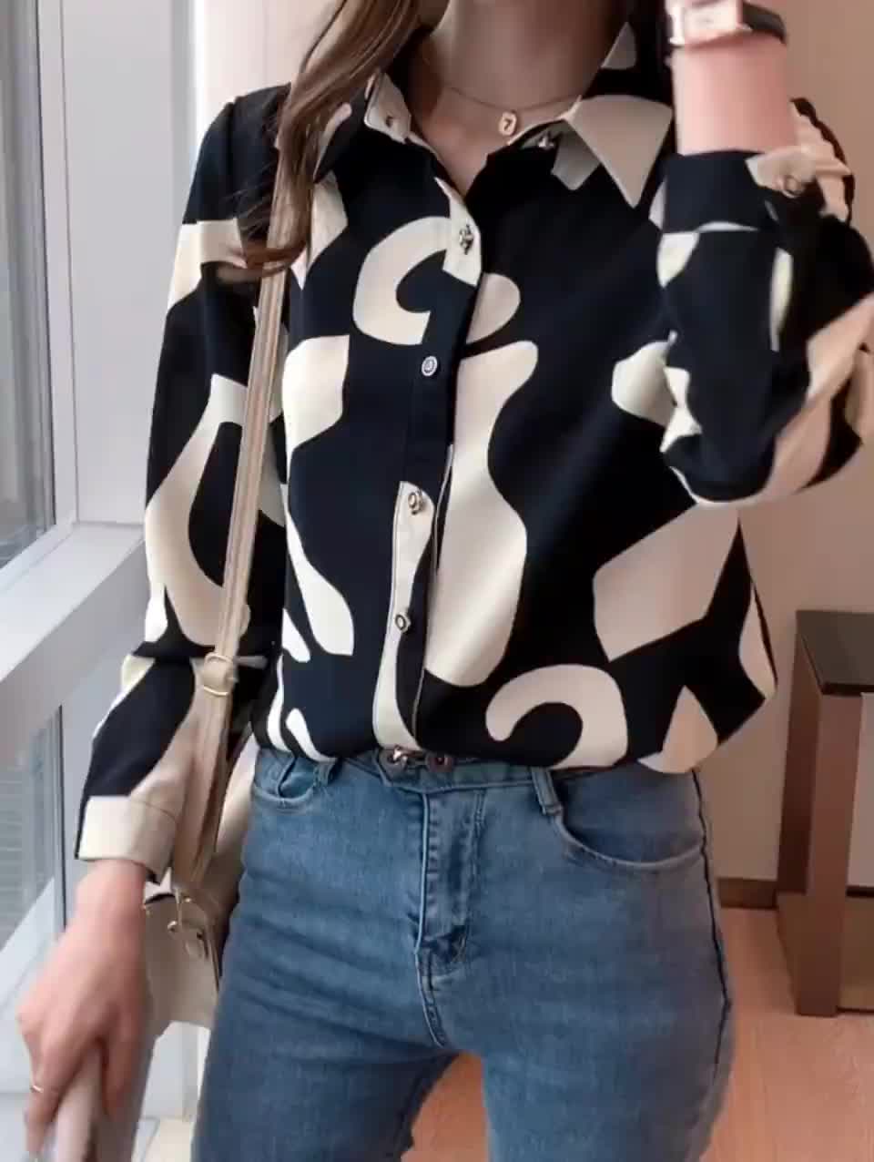 New Fashion Cetakan Geometris Korea Trendy Kemeja Lengan Panjang Hitam Sifon Berkualitas Tinggi Atasan Wanita Kemeja Kerja Santai OL Work Casual Women Long Sleeve Shirt High Top Linen Baju Oversize Pendek
