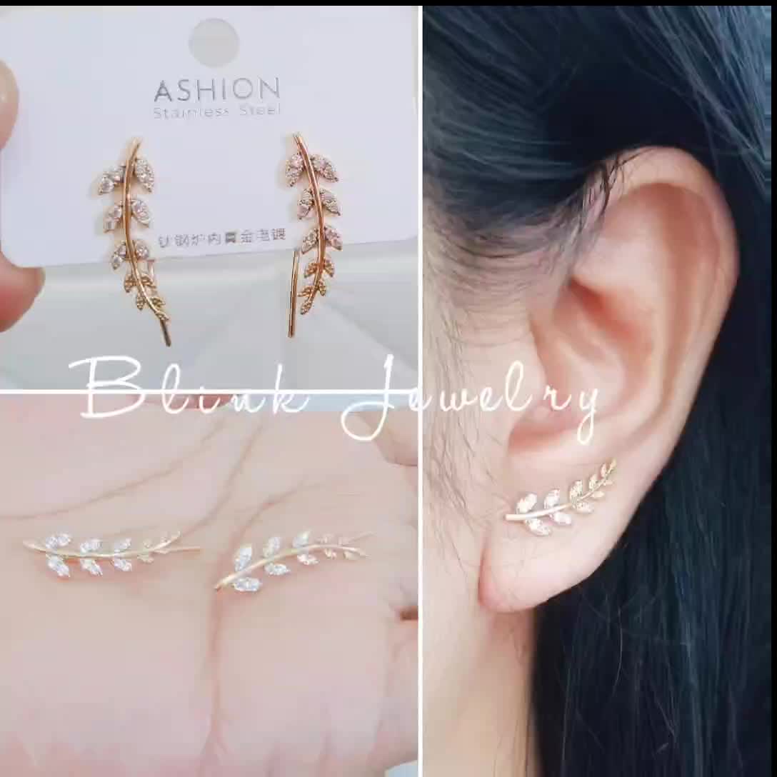 Anting Titanium Rambat Wanita Motif Daun Super Mewah