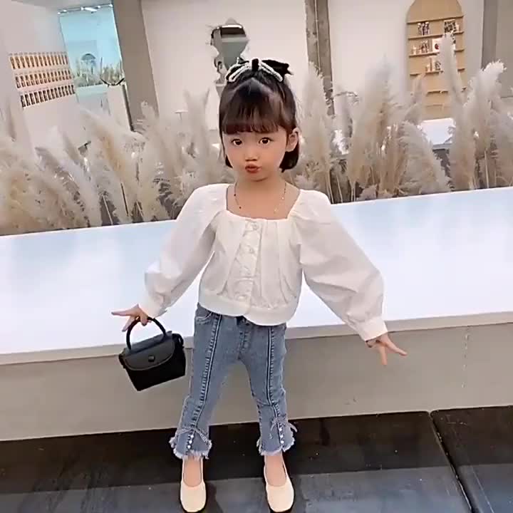 Celana Jeans Panjang Fashion Anak Perempuan Motif Pita Warna Denim