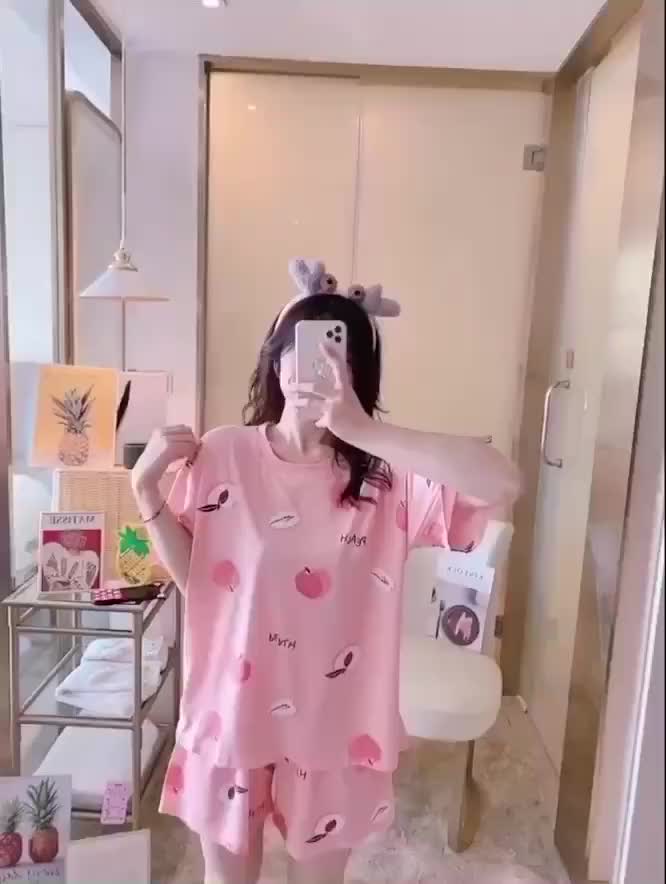 Yooyi Baju Tidur Wanita Size L Kecil Piyama Korea Lengan Pendek Celana Pendek Motif Kartun Lucu Setelan Tidur Hotpants Murah Model Kaos Korea Fit to L 004 Dewasa Baju  Tidur Loose