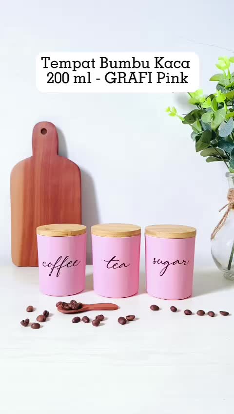 GRAFI PINK - Toples Bumbu Bahan Kaca Tutup Kayu 200 ml Tempat Kopi Teh Gula Kitchenware